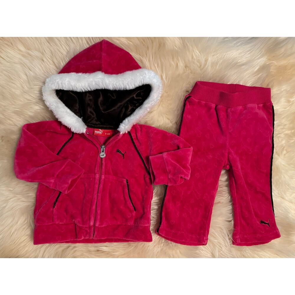 Puma Velour Warm Up Hoodie and Pants‎ Suit Sweatsuit – Hot Pink – 3-6m